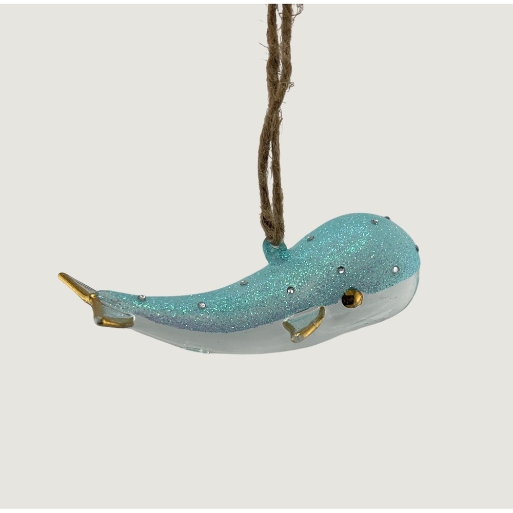 Whale Ornament Blue Glass Glitter Nautical Coastal Holiday